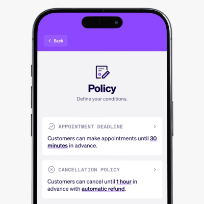 a phone with a purple screen that says policy on it