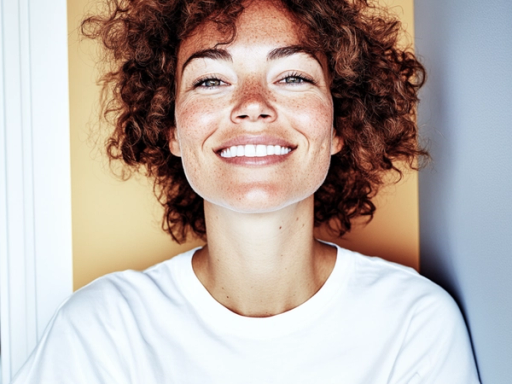 a woman with curly hair and freckles smiles for the camera