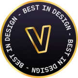 a black and gold circle that says best in design