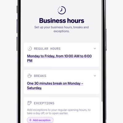 a phone screen that says business hours set up your business hours breaks and exceptions