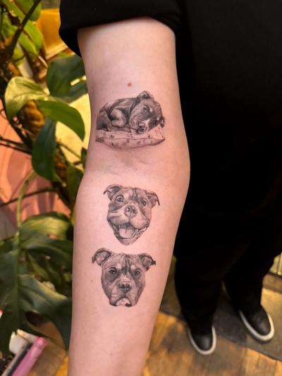 a tattoo of three dogs on a person 's arm