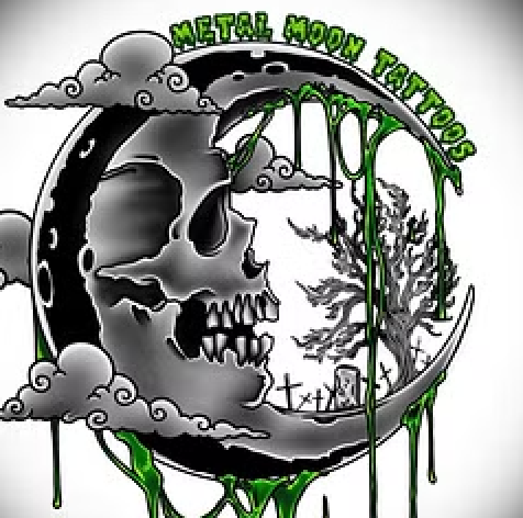 a drawing of a skull and a crescent moon for metal moon tattoos