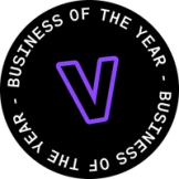 a business of the year logo with a purple letter v