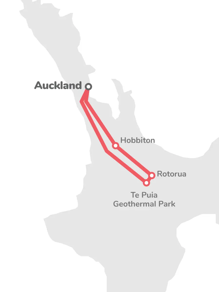 Rotorua: Hobbiton & Te Puia Geothermal Park Tour Map