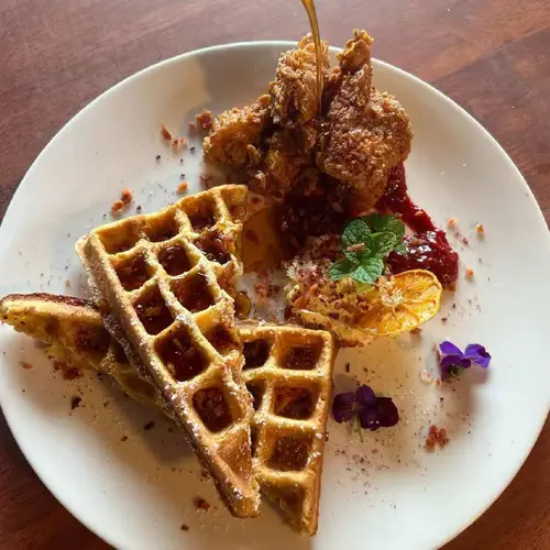 Waffles and fried chicken from Eggscentric Cafe