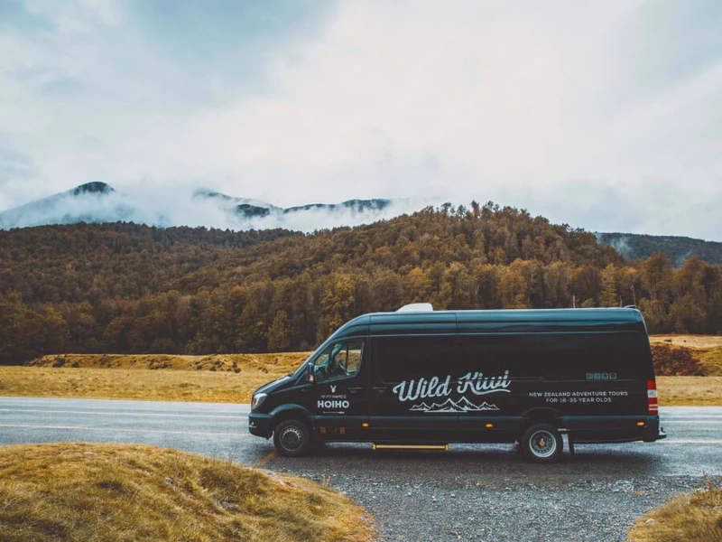 A small group tour van for Wild Kiwi sits in front of beautiful misty forest during autumn in New Zealand.