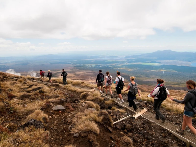 A group of travellers hiking across volcanic terrain on the Tongariro Alpine Crossing in Tongariro National Park, a top-rated New Zealand hiking trail and one of the most popular North Island day walks.