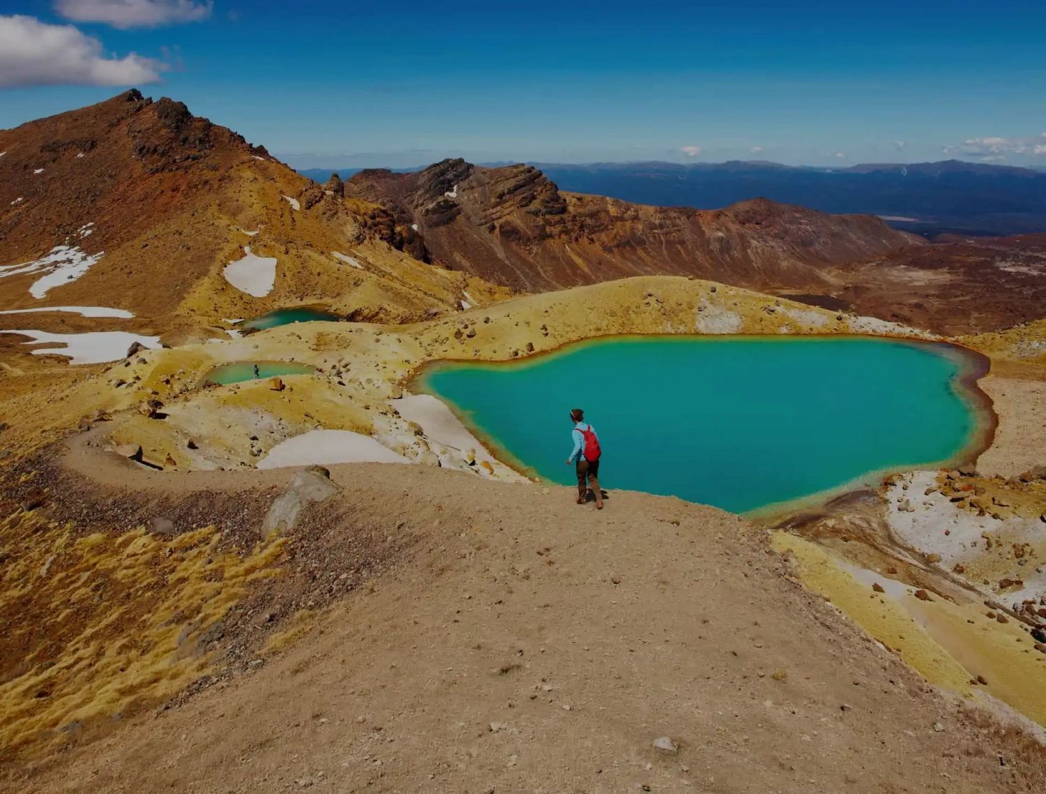 Person walking next to an alpine lake on the Tongariro Crossing