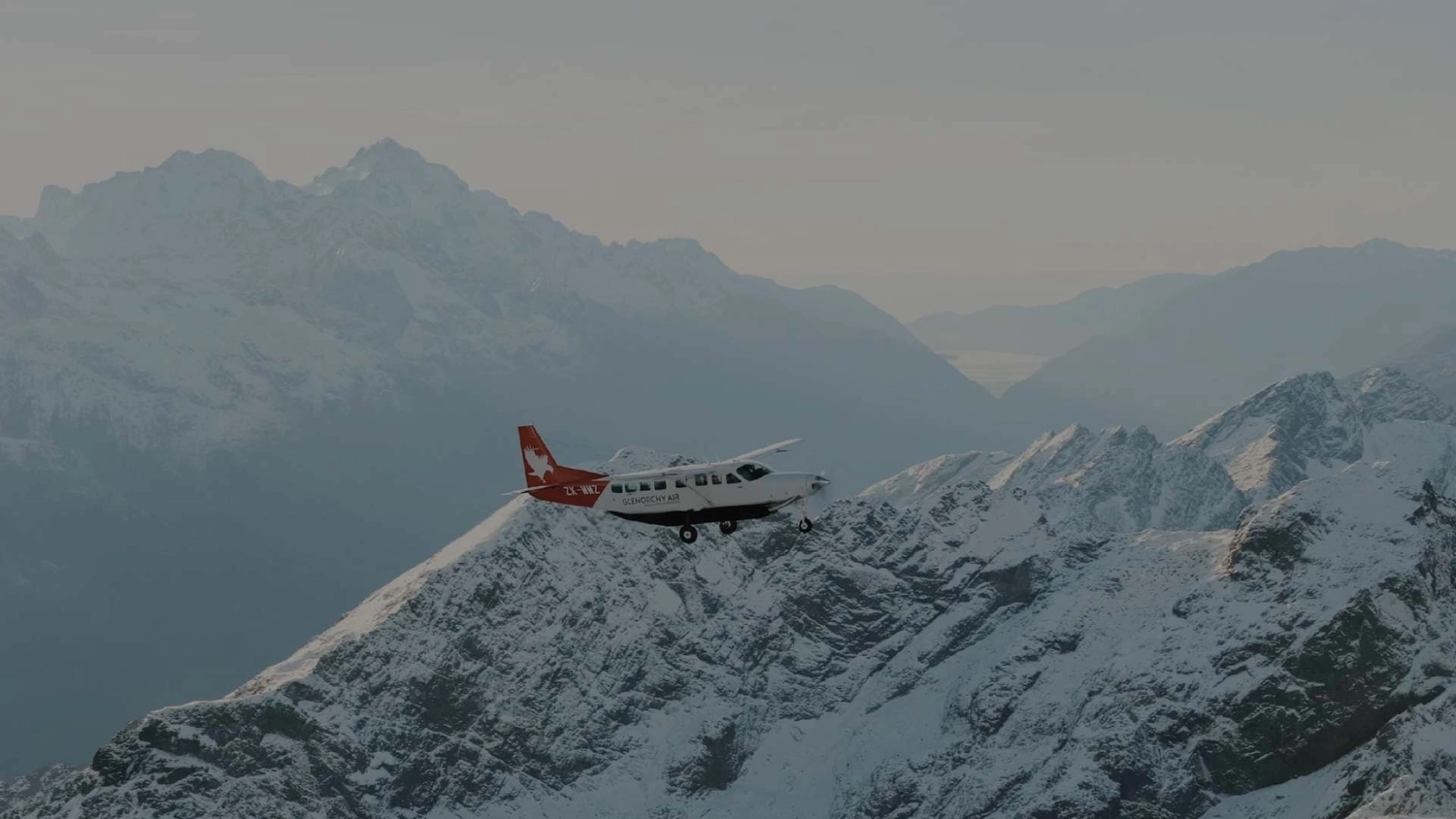 Plane flying over the Southern Alps in New Zealand
