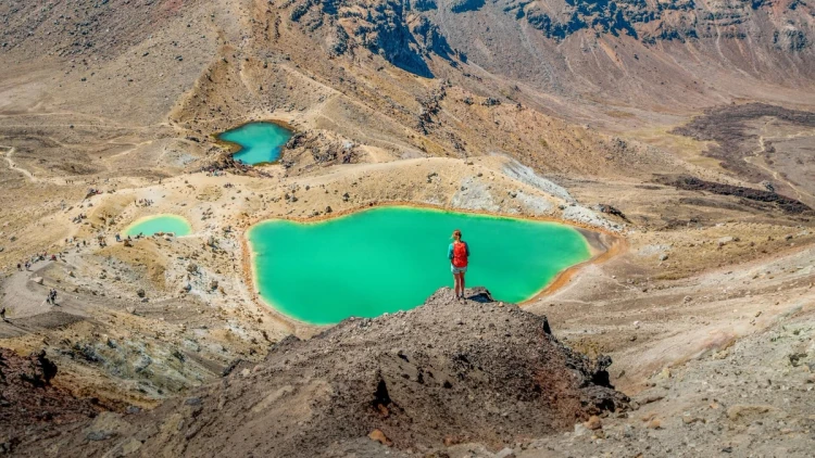 A hiker standing above the Emerald Lakes on the Tongariro Alpine Crossing, with volcanic terrain and turquoise crater lakes across Tongariro National Park, one of the most iconic New Zealand hiking trails.