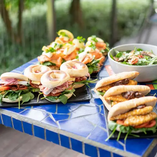 Bagels and sandwiches on a table