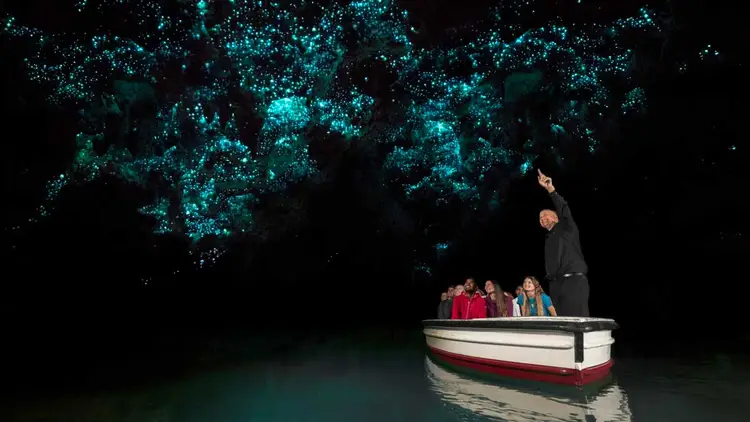 Group of people on a boat in the Waitomo glow worm caves