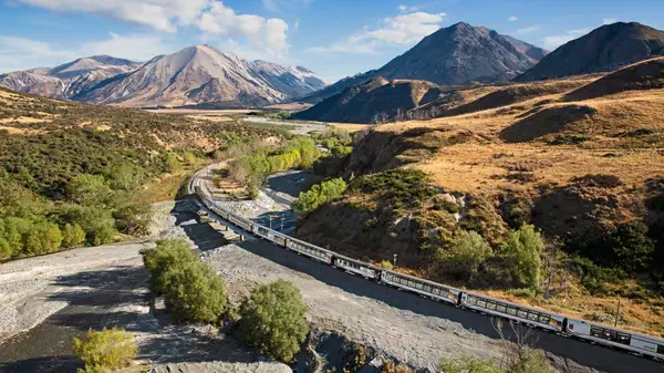 Aerial view of Tranz Alpine train in New Zealand