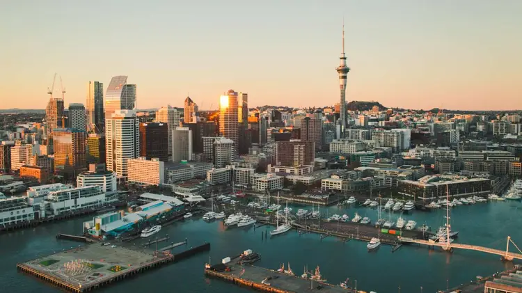 The city skyline at sunset in Auckland
