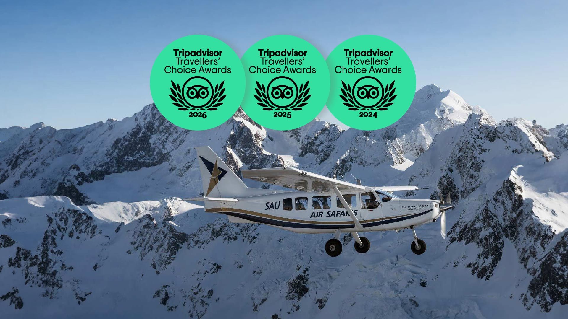 Air Safari plane flying over the Southern Alps