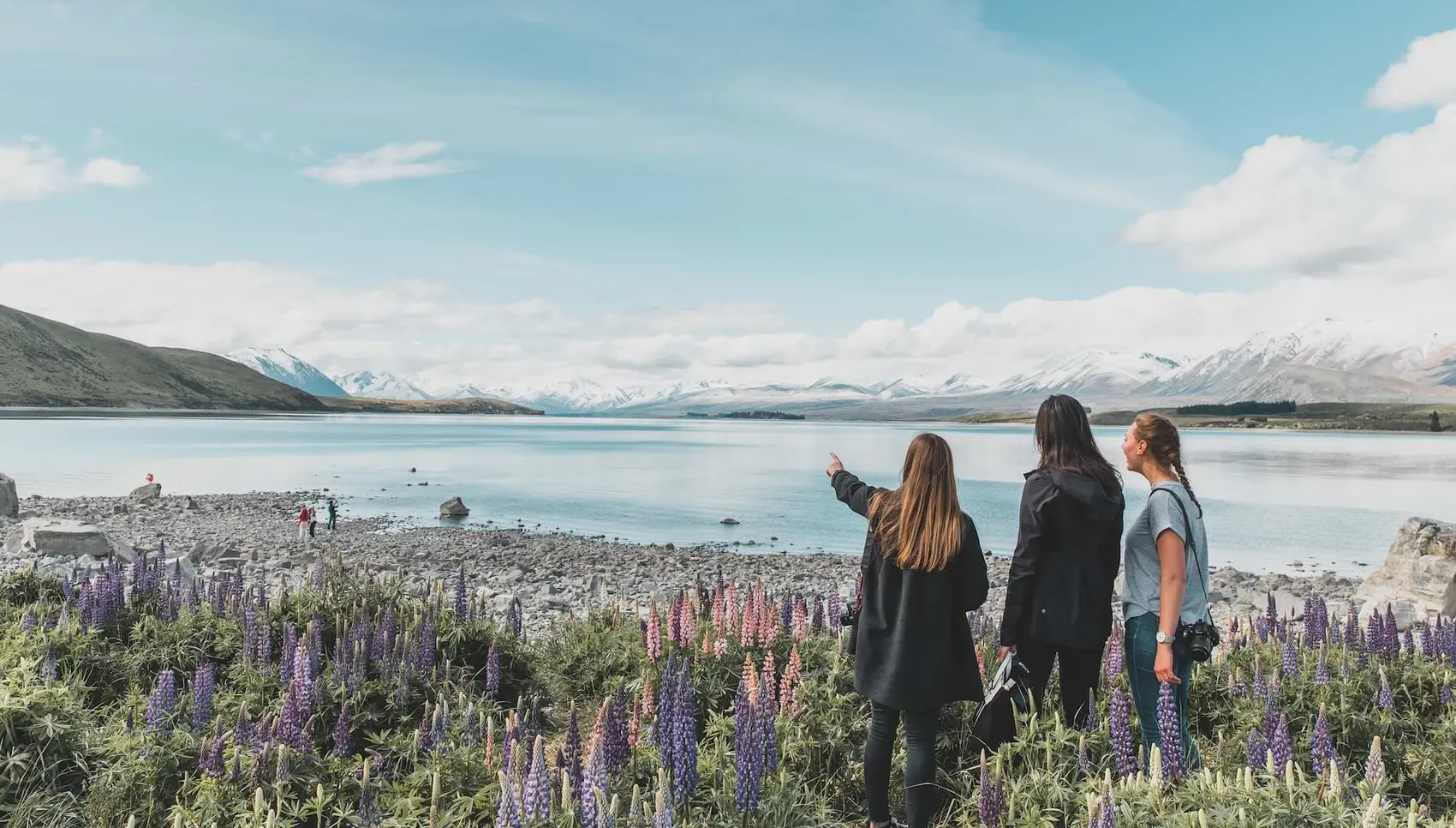 Three female travellers stand at Lake Tekapo looking out over snowy mountains surrounded by lupins during winter in New Zealand.