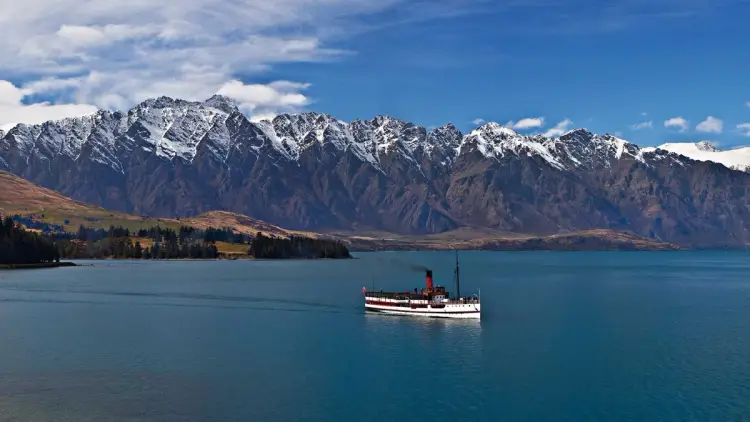 The Earnslaw boat cruising across Lake Wakatipu in Queenstown