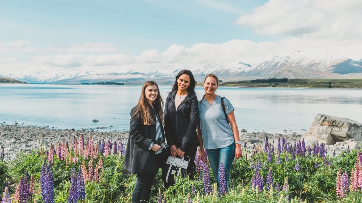 A group of young female travellers pose in front of Taupo lake in Spring during the lupin super bloom while on a small group adventure tour.