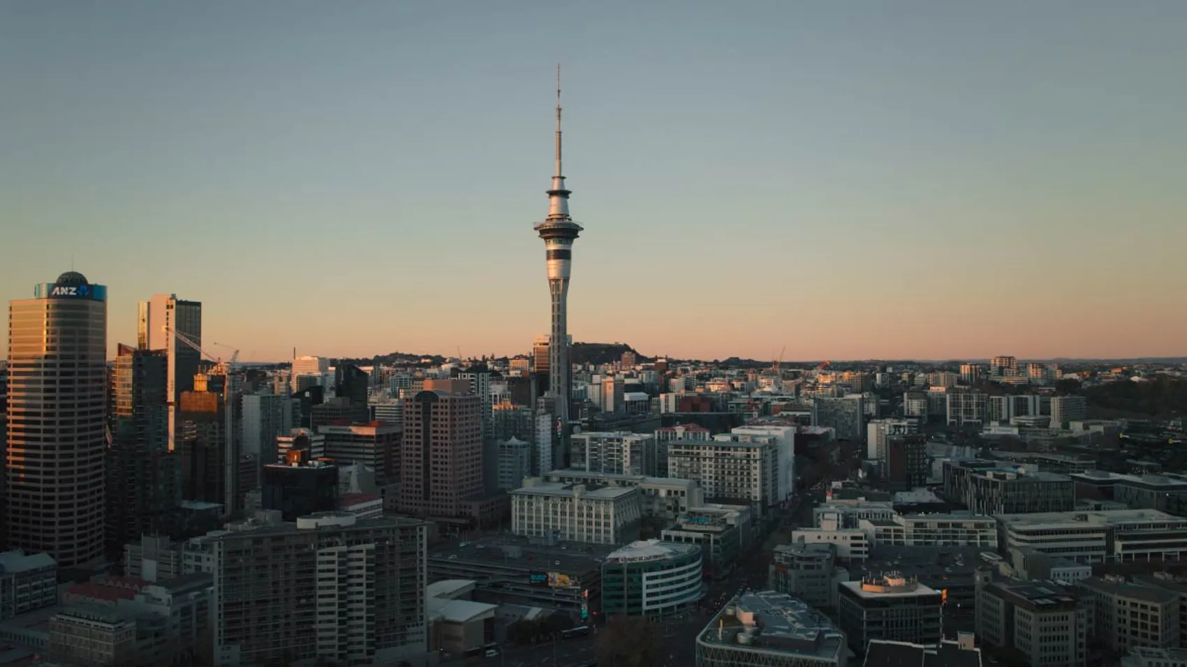 The skyline in Auckland city at sunset