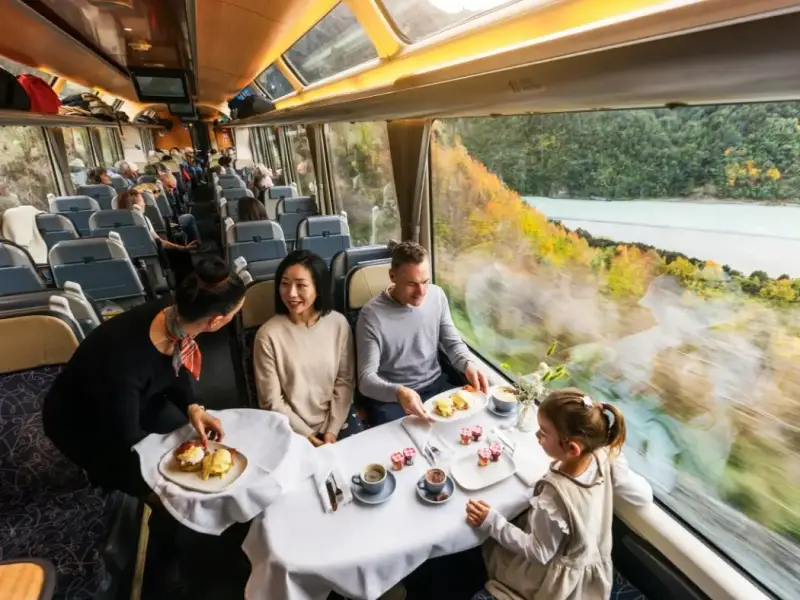 Passengers enjoy a meal inside the TranzAlpine train dining carriage as the journey passes through dramatic South Island scenery in New Zealand. Large panoramic windows reveal forested hills, river views and seasonal colour, showing the comfort and scenic appeal of the TranzAlpine rail journey between Christchurch and Greymouth.
