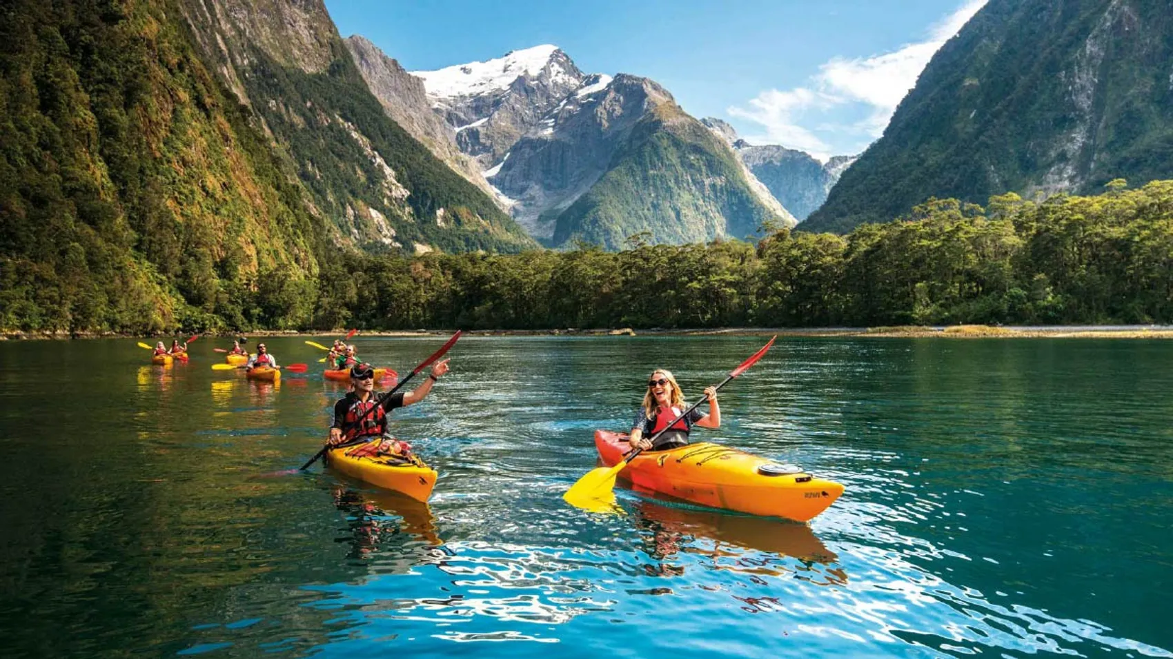 Group of people kayaking in Milford Sound