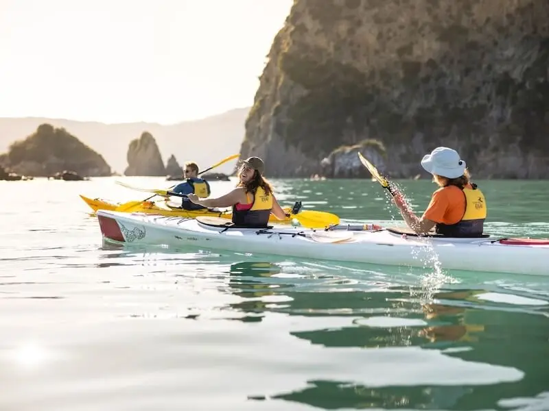 Travellers kayaking through turquoise water and limestone formations in Abel Tasman National Park, New Zealand, on a sunny day.