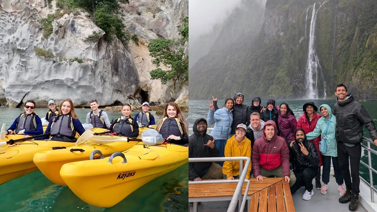 A split header image showing travellers kayaking in clear turquoise water beside coastal rock formations on New Zealand’s North Island and a small group smiling on a Milford Sound boat cruise beneath waterfalls on the South Island, highlighting the contrast between North Island beaches, caves and cultural adventure and South Island fiords, mountains and dramatic scenery for travellers comparing which New Zealand island to visit.
