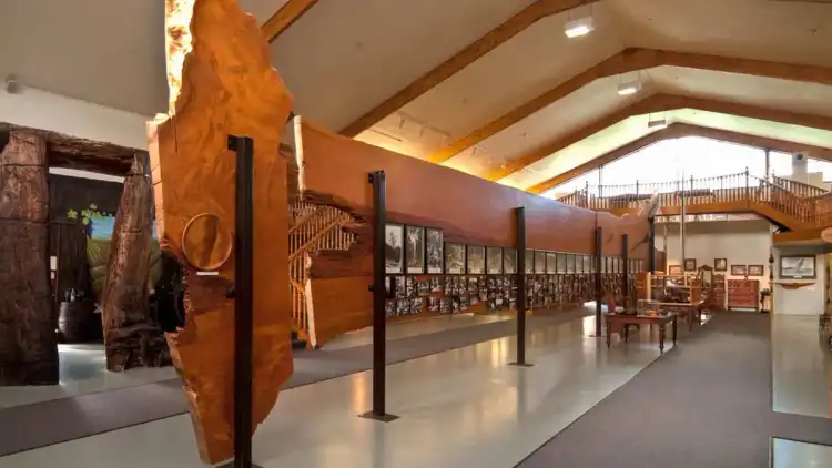 Large wooden carving at The Kauri Museum