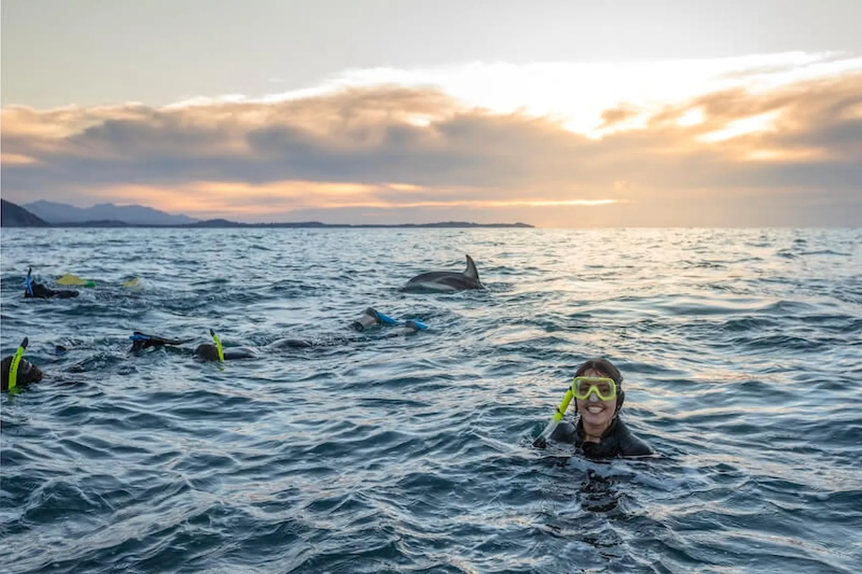 A woman snorkels at sunset in Kaikoura with wild dolphins.