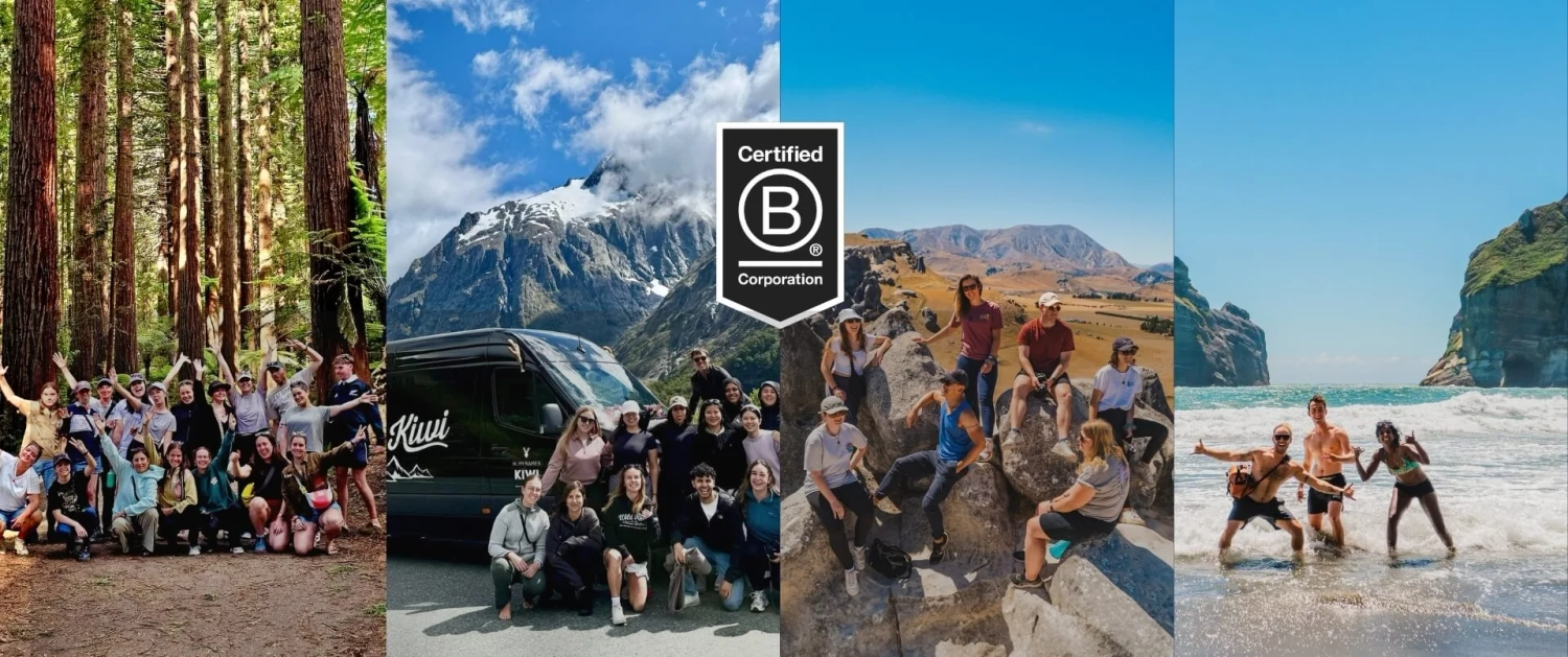 Wild Kiwi Certified B Corp banner showing travellers on New Zealand group adventures with forest, mountains, and beach scenes plus the B Corp logo.