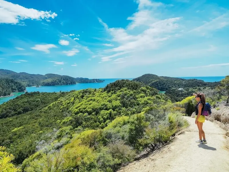 Traveller enjoying panoramic views over lush green hills and turquoise bays along the Abel Tasman Coast Track in New Zealand under bright blue summer skies.