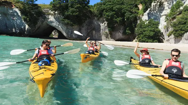 Group of people kayaking at Cathedral Cove