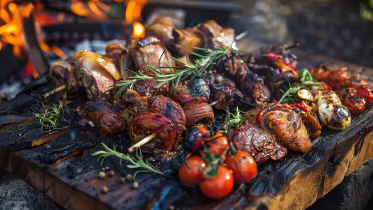 Lamb kebabs on a hangi