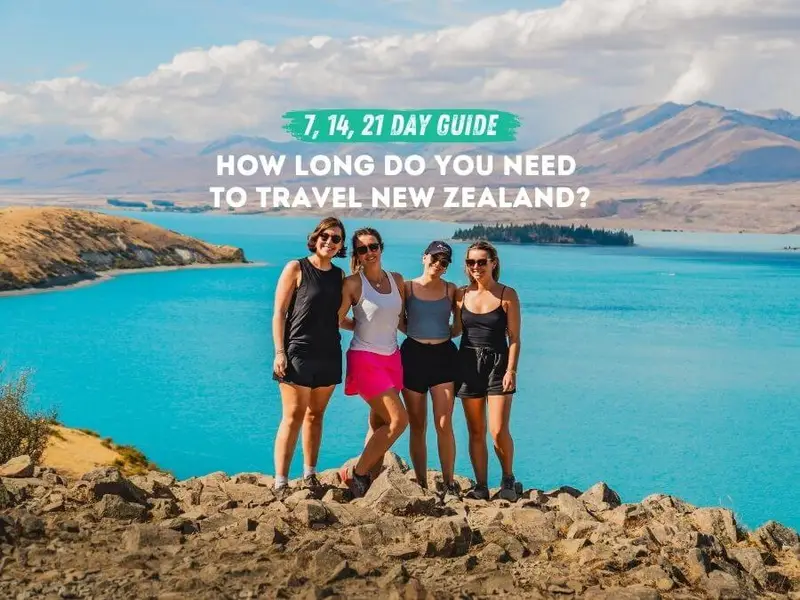 A photo of a group of women at lake Tekapo in New Zealand as a guide on how long it takes to travel New Zealand.