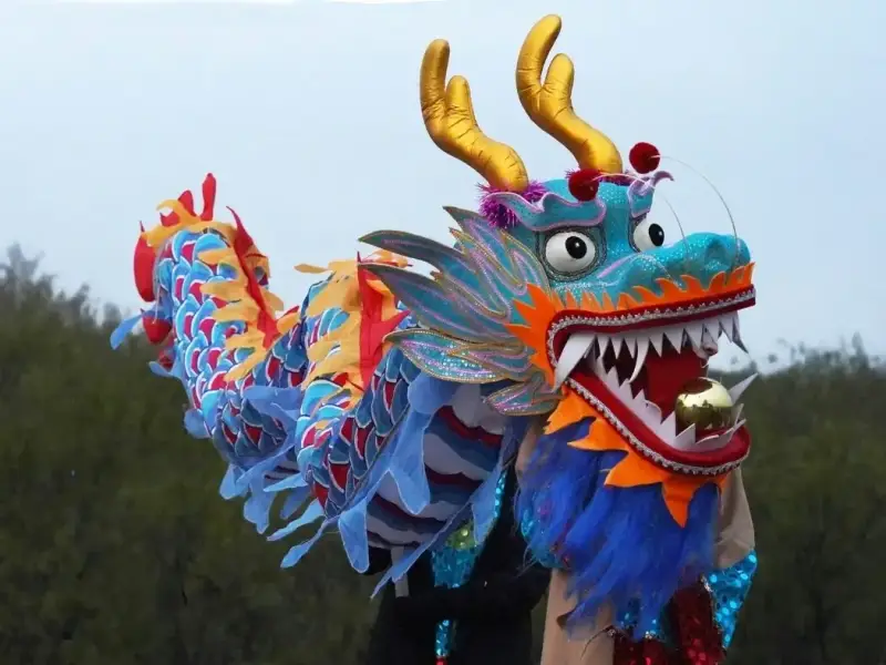 Colourful dragon dance performance for Lunar New Year, a traditional Chinese New Year celebration featuring a vibrant dragon costume, symbolising good luck, prosperity, and a strong start to the year.