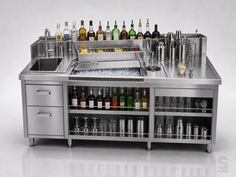 Custom stainless steel bartending station for commercial bar workflow