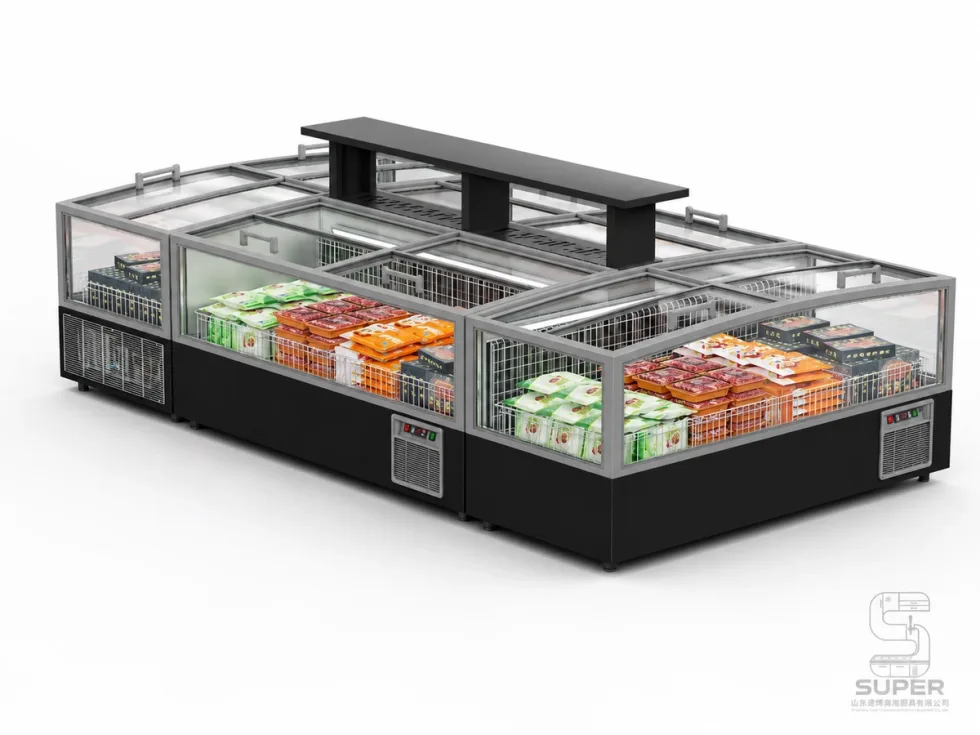 Commercial island freezer for supermarket frozen food display