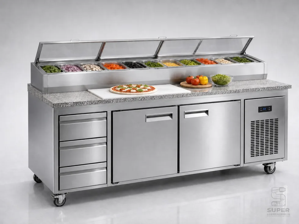 Commercial pizza and salad counter for food preparation and refrigerated storage