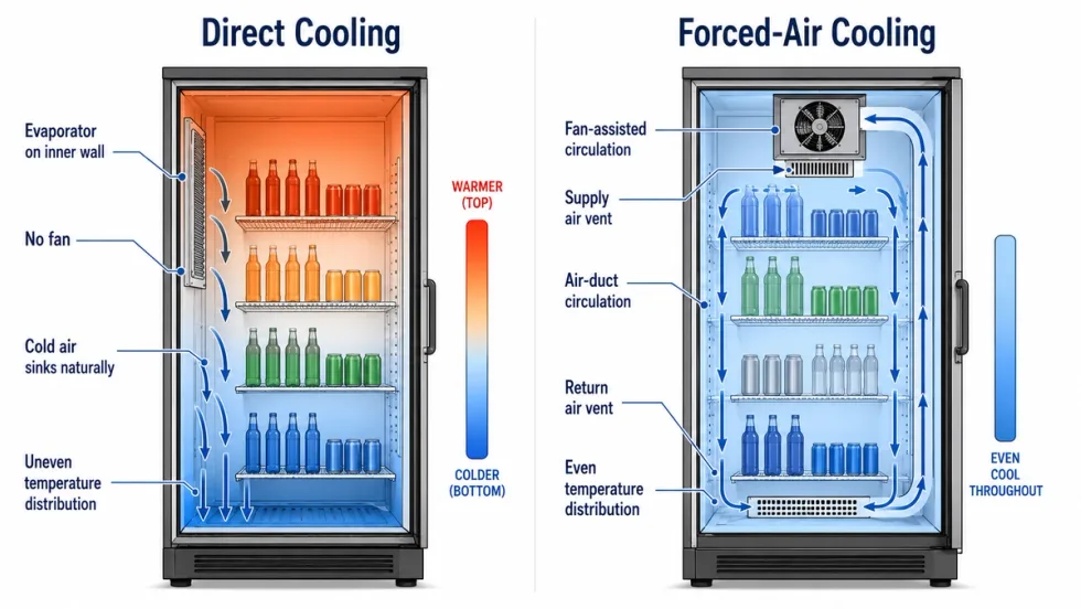 Direct cooling vs forced-air cooling comparison diagram for commercial refrigerators