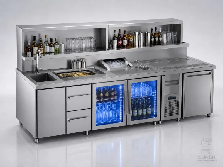 Back bar and beverage workstation for commercial drink preparation