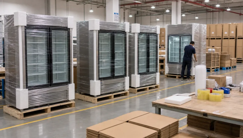 Commercial refrigeration units wrapped for export packing in a clean 5S factory warehouse