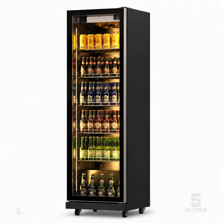 Black commercial beverage display refrigerator for beer and drink merchandising