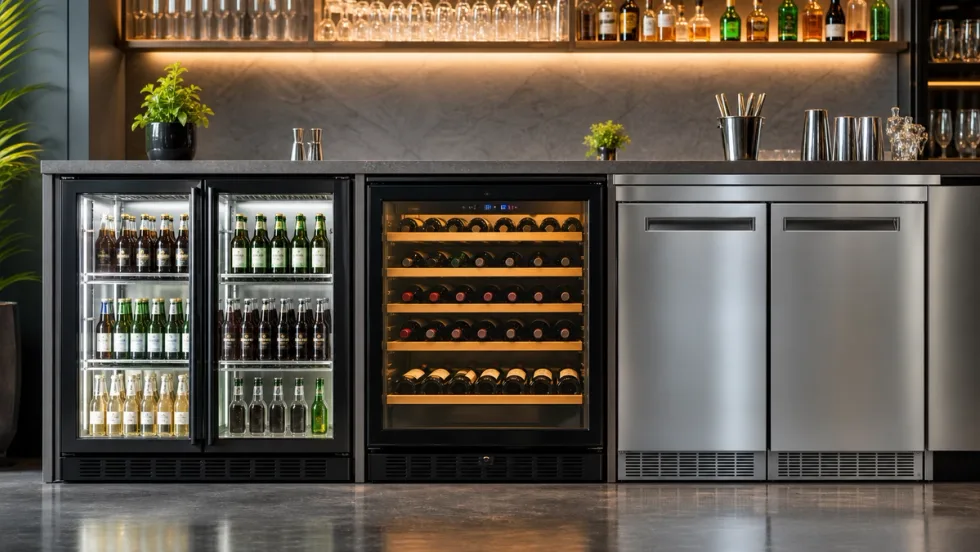 Beer cooler, wine cooler and back bar refrigerator comparison in a modern bar setting