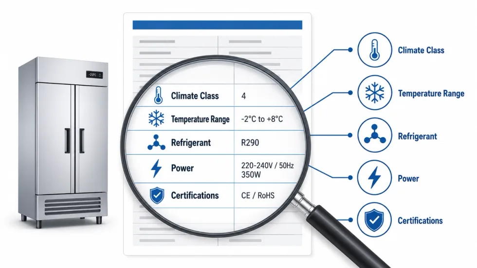 Commercial refrigerator spec sheet inspection with climate class, temperature range, refrigerant, power and certifications