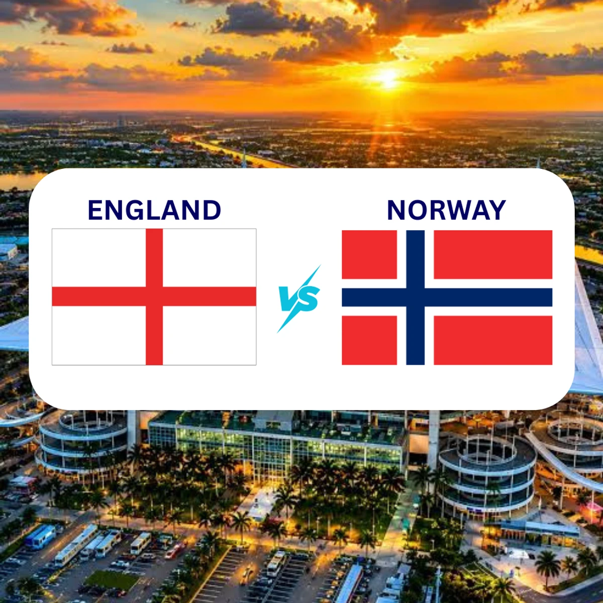 photo of England and Norway flags against back drop of Miami Stadium