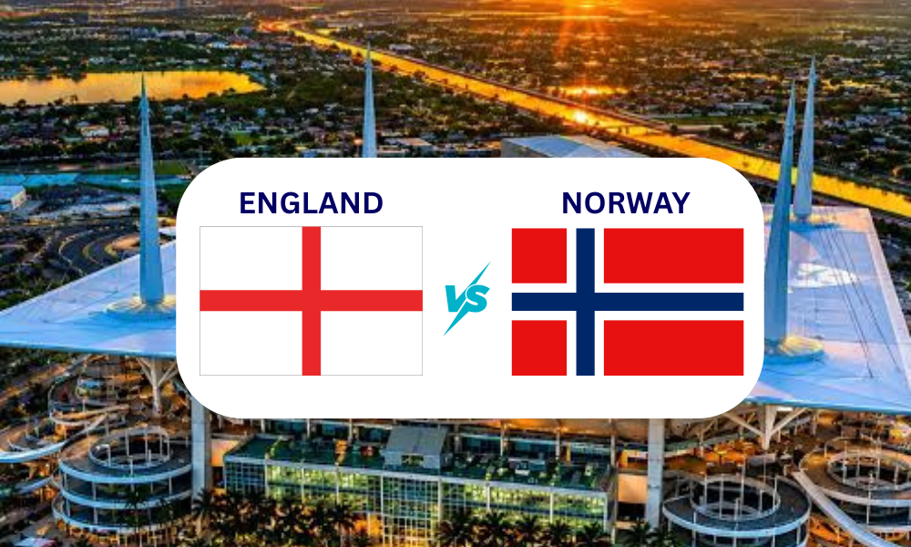 photo of England and Norway flags against back drop of Miami Stadium