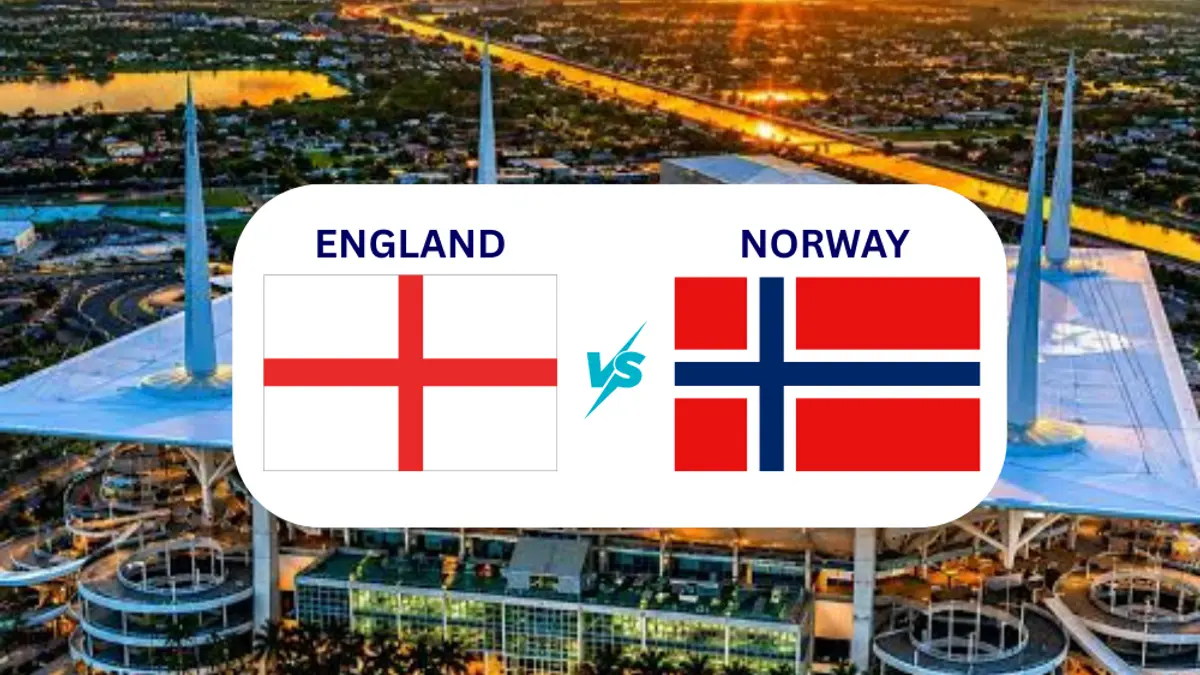 photo of England and Norway flags against back drop of Miami Stadium