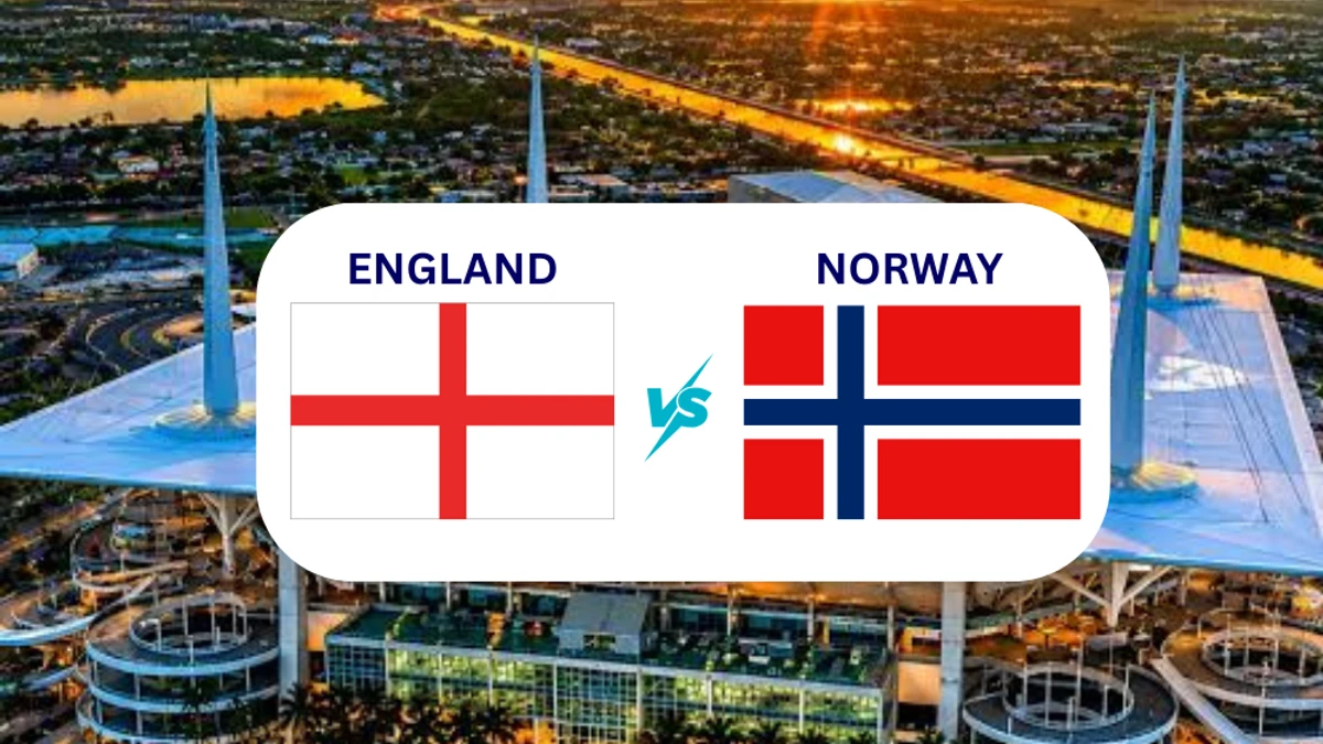 photo of England and Norway flags against back drop of Miami Stadium