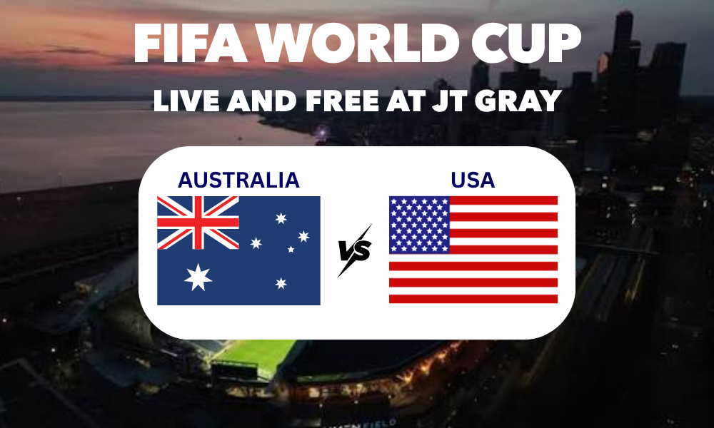 photo of Australian and US flags against back drop of Seattle Stadium