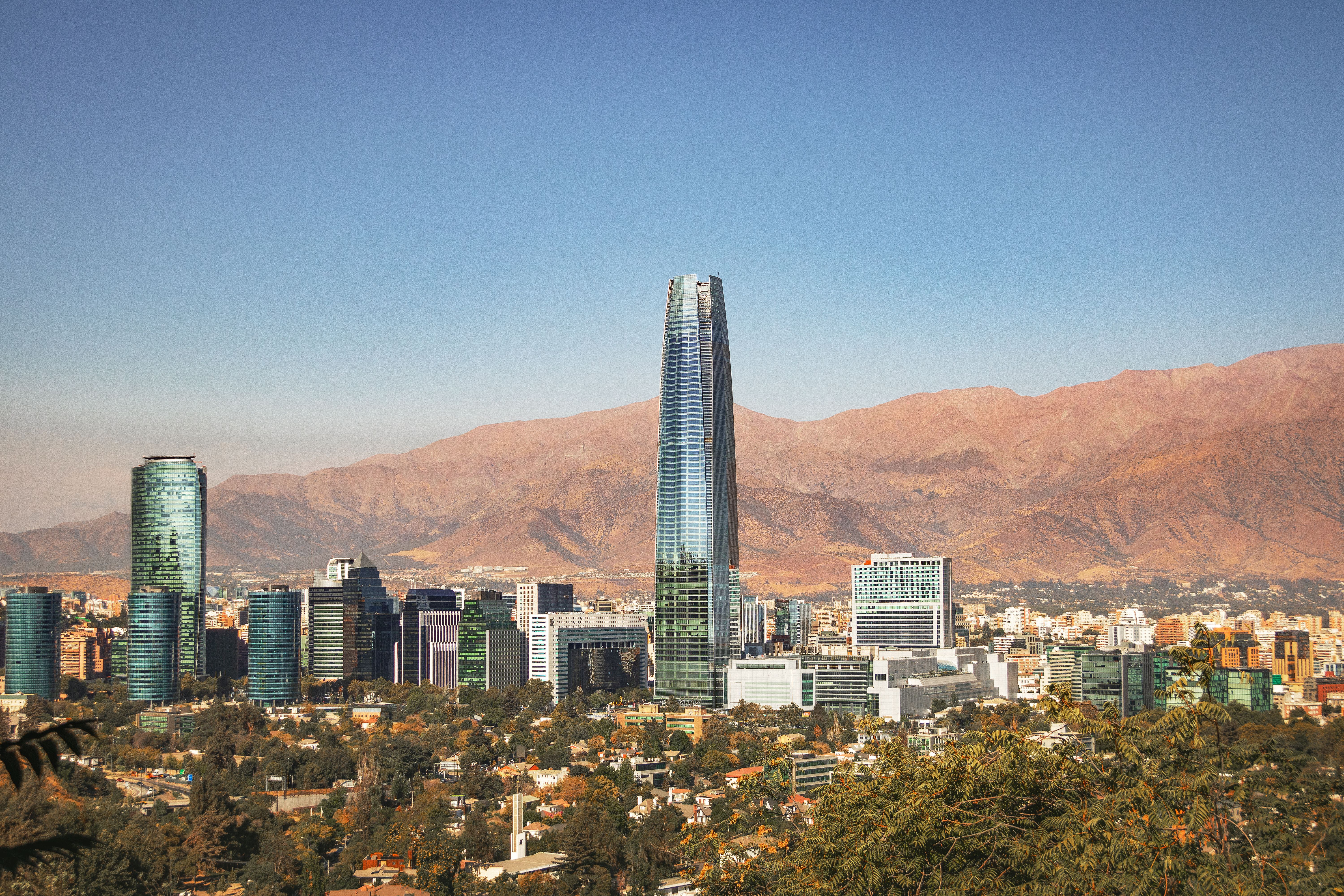 Aerial view of Santiago, Chile, with the Andes mountains behind it